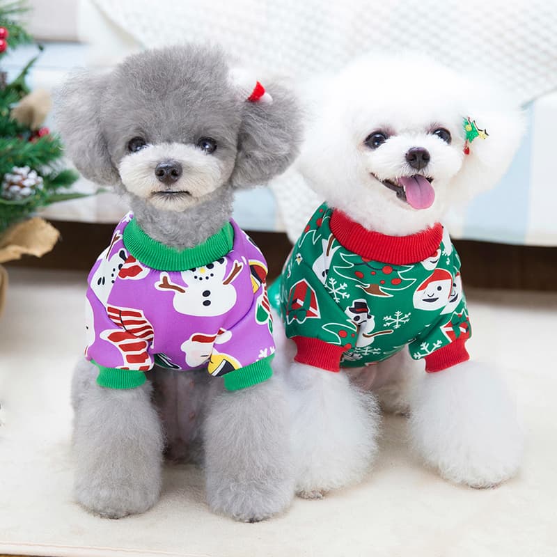 犬服 冬の聖夜を楽しむ雪だるま柄トレーナー