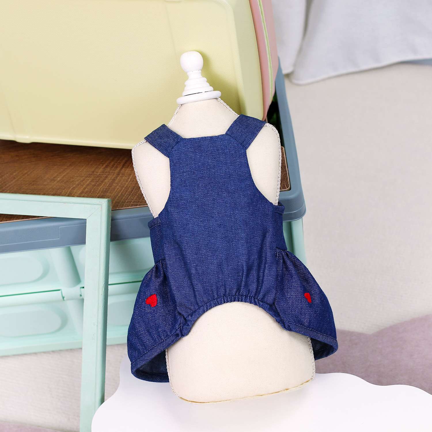 犬服 ハート柄デニムワンピース風ドッグウェア