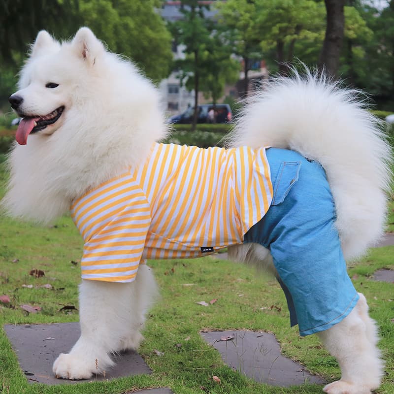 犬服 大型犬用縦縞模様と胸当て付きつなぎ服