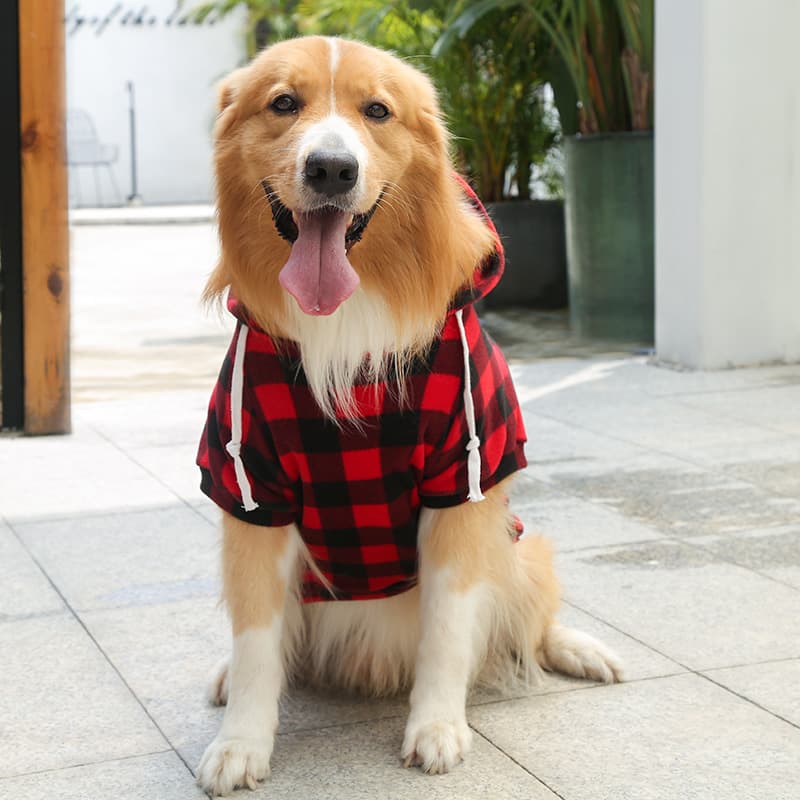 犬服 チェック柄ポケット付き裏起毛パーカー