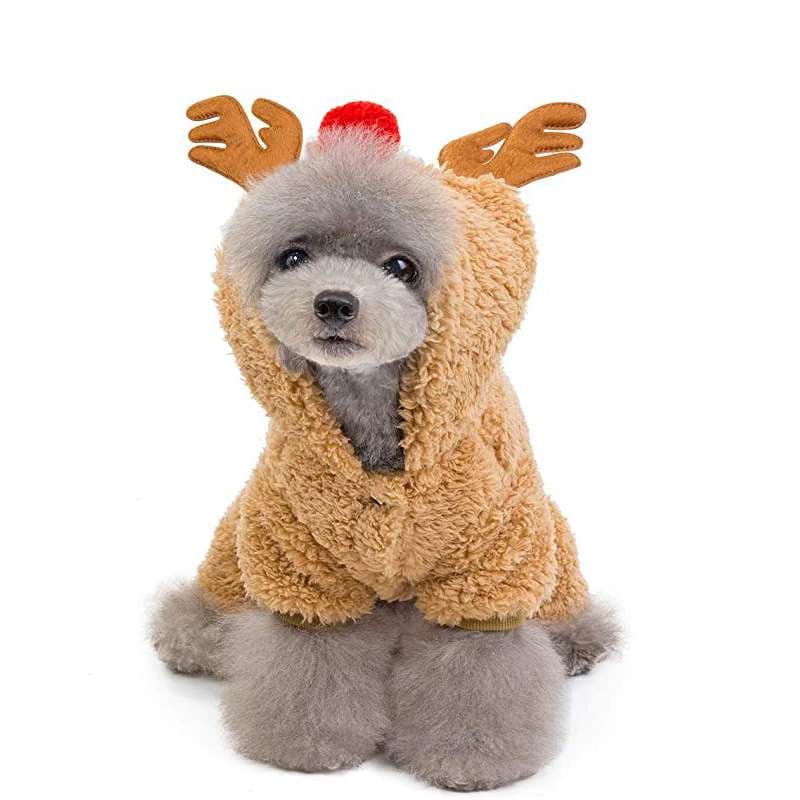 犬服 トナカイ風フード付きモコモコペット服