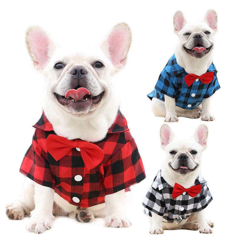 犬服 チェック柄おしゃれボウタイシャツ