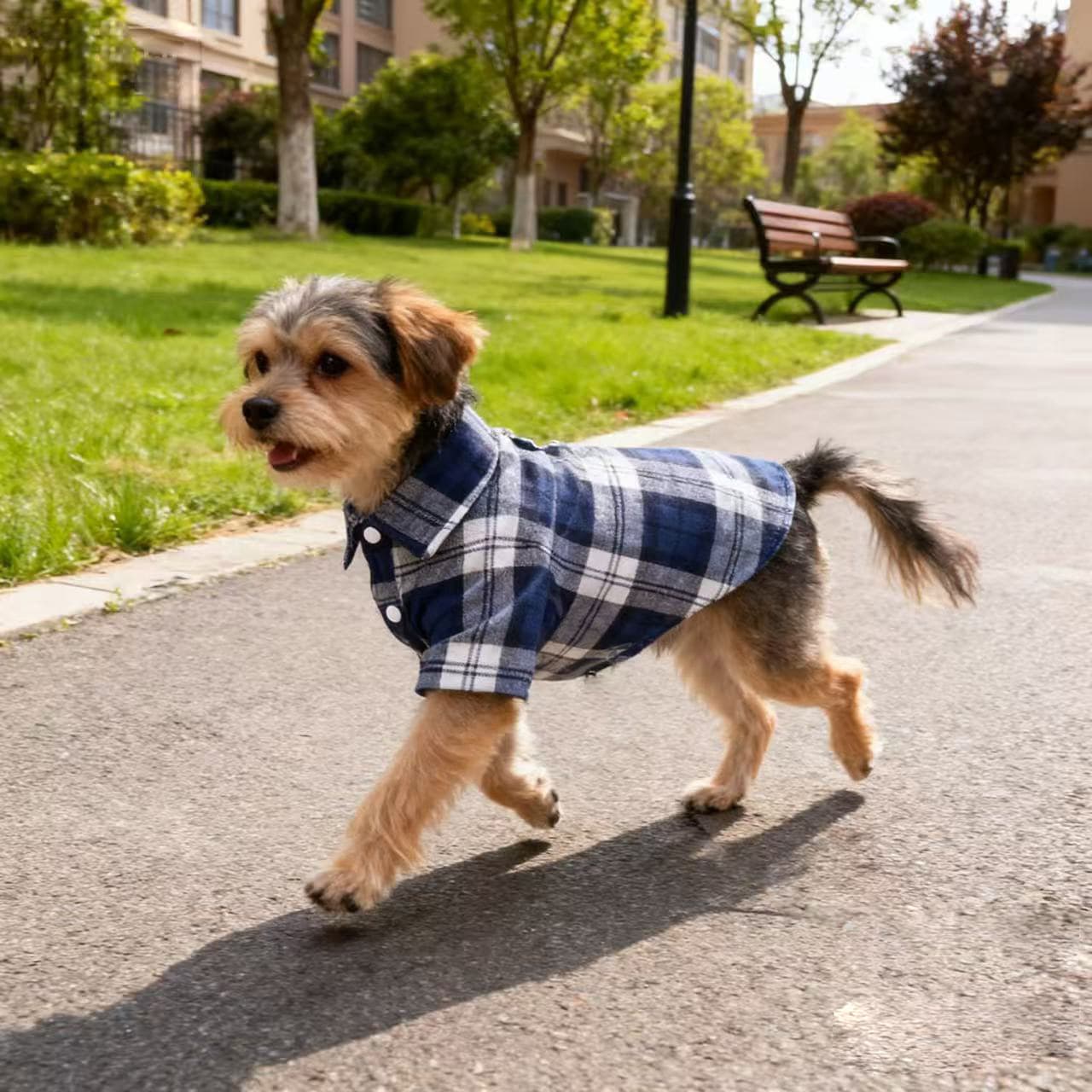 チェック柄襟付き長袖犬服シャツ