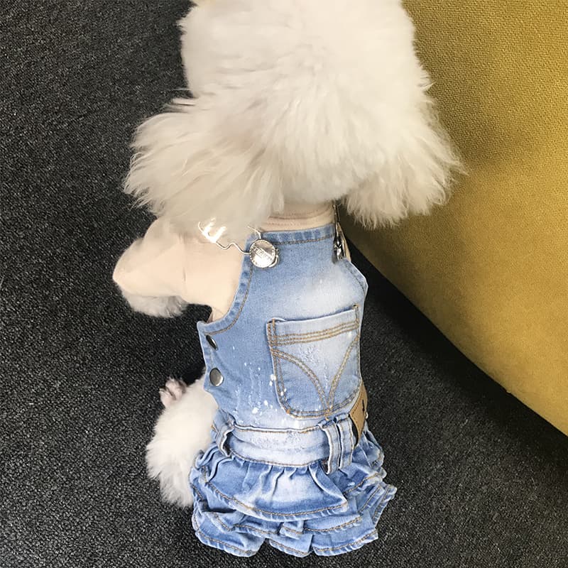 水玉襟付きデニムワンピース風四足犬服