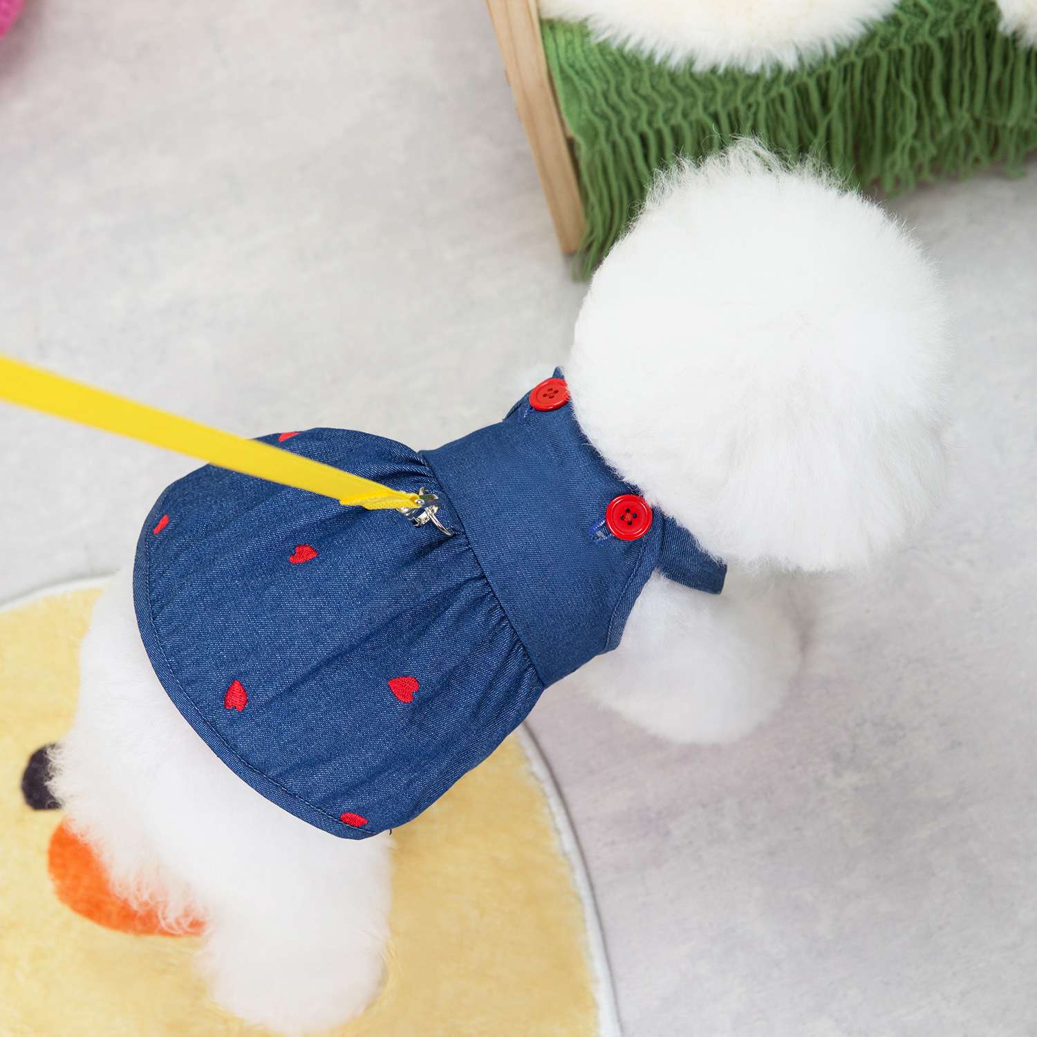 犬服 ハート柄デニムワンピース風ドッグウェア