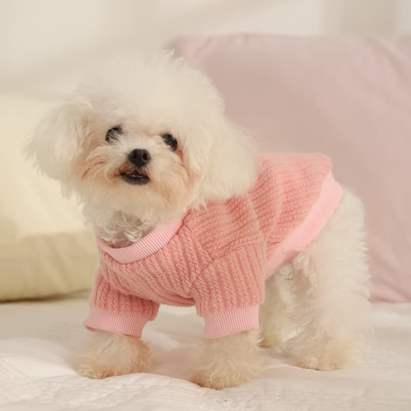 犬服 ふわふわポンポン付きケーブル編みニット