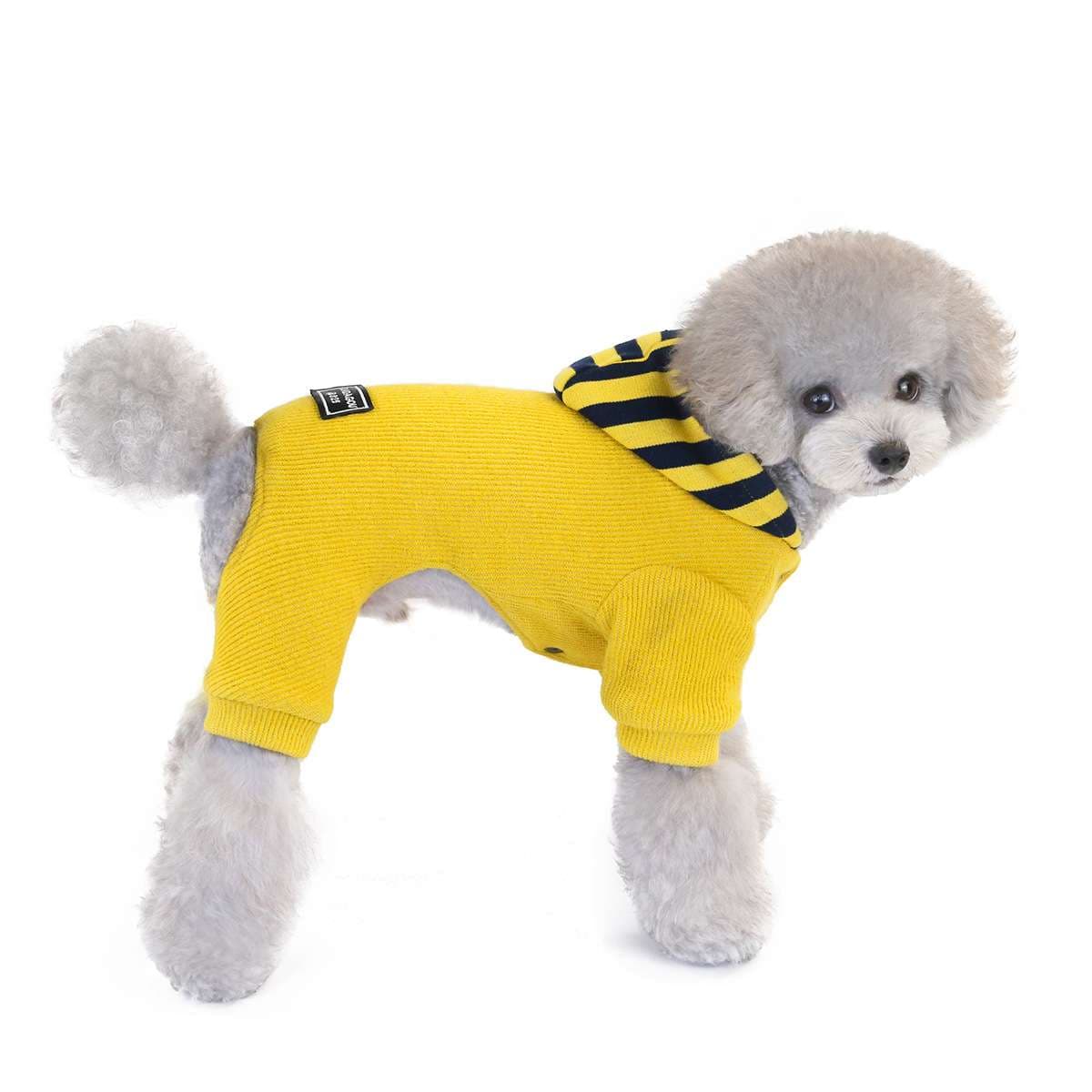 犬服 ボーダーフード付き犬用ニットつなぎ