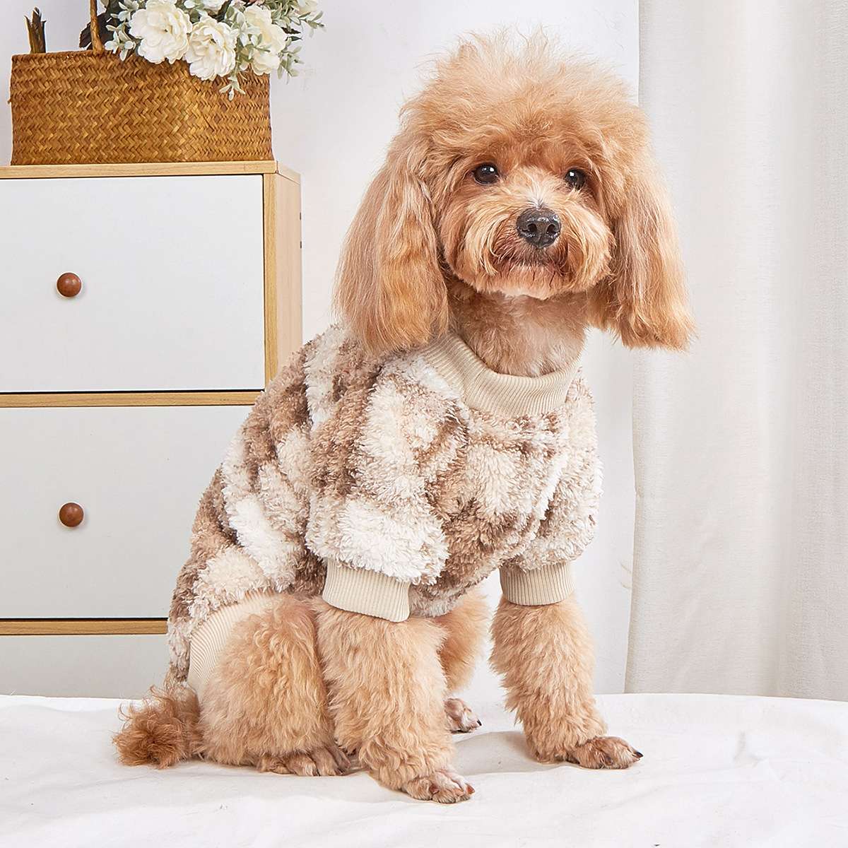 犬服 もこもこチェック柄ふわふわプルオーバー