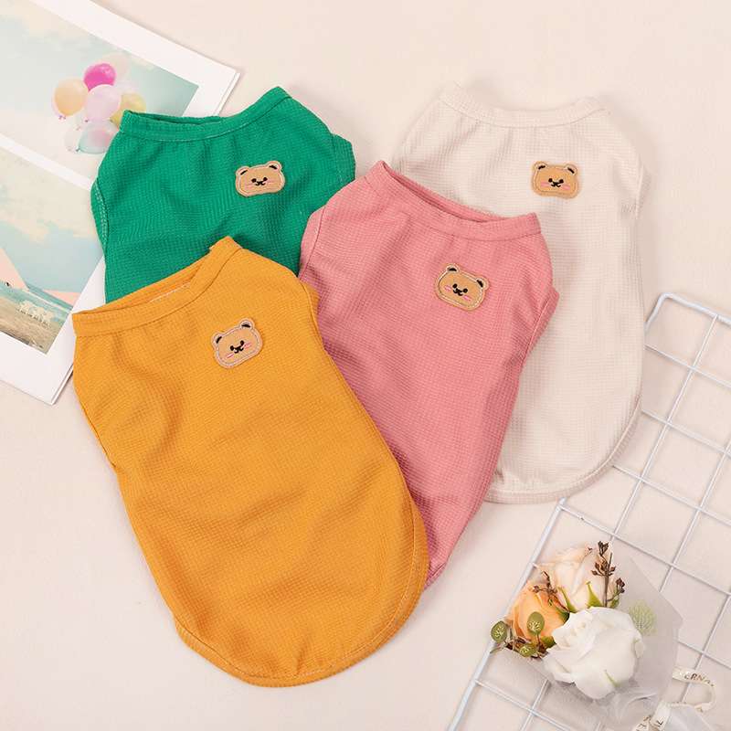 犬服 くまさん刺繍入りワッフル生地タンクトップ