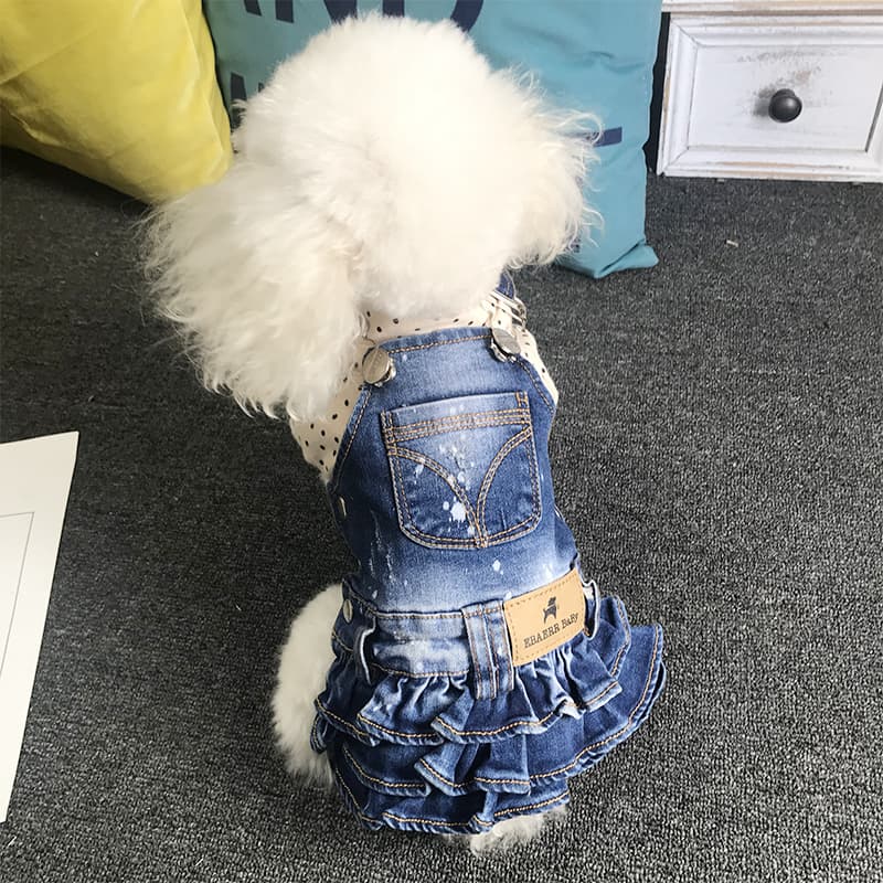 水玉襟付きデニムワンピース風四足犬服