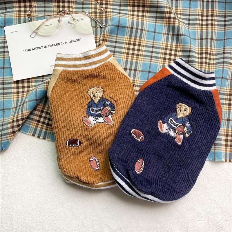 犬服 テディベア刺繍入りコーデュロイ犬用ジャケット
