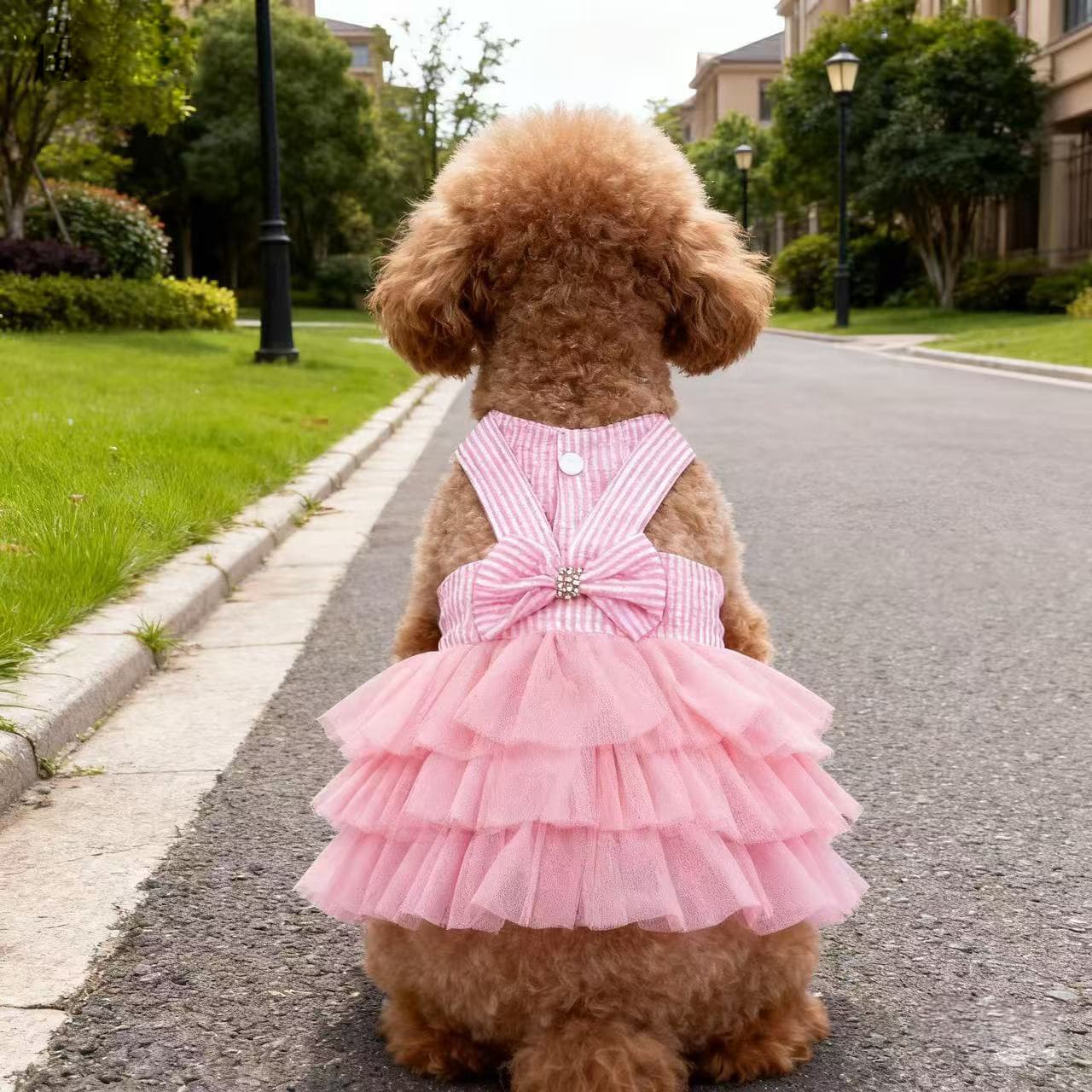 犬服 縦縞リボン付き三段チュールスカートドレス