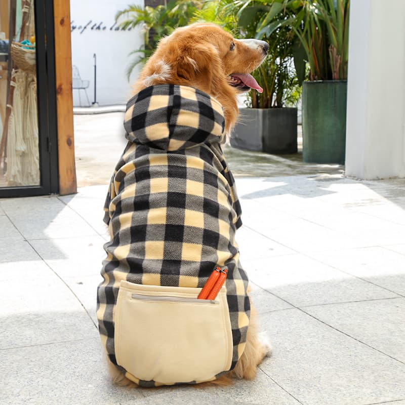 犬服 チェック柄ポケット付き裏起毛パーカー