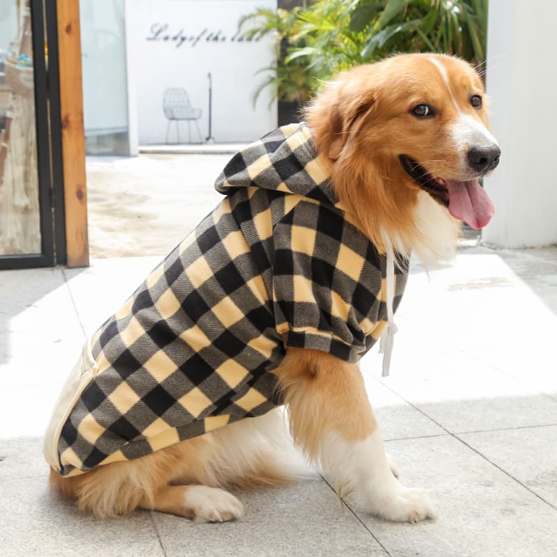 犬服 チェック柄ポケット付き裏起毛パーカー