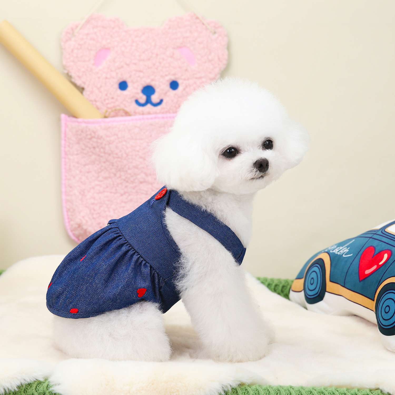 犬服 ハート柄デニムワンピース風ドッグウェア