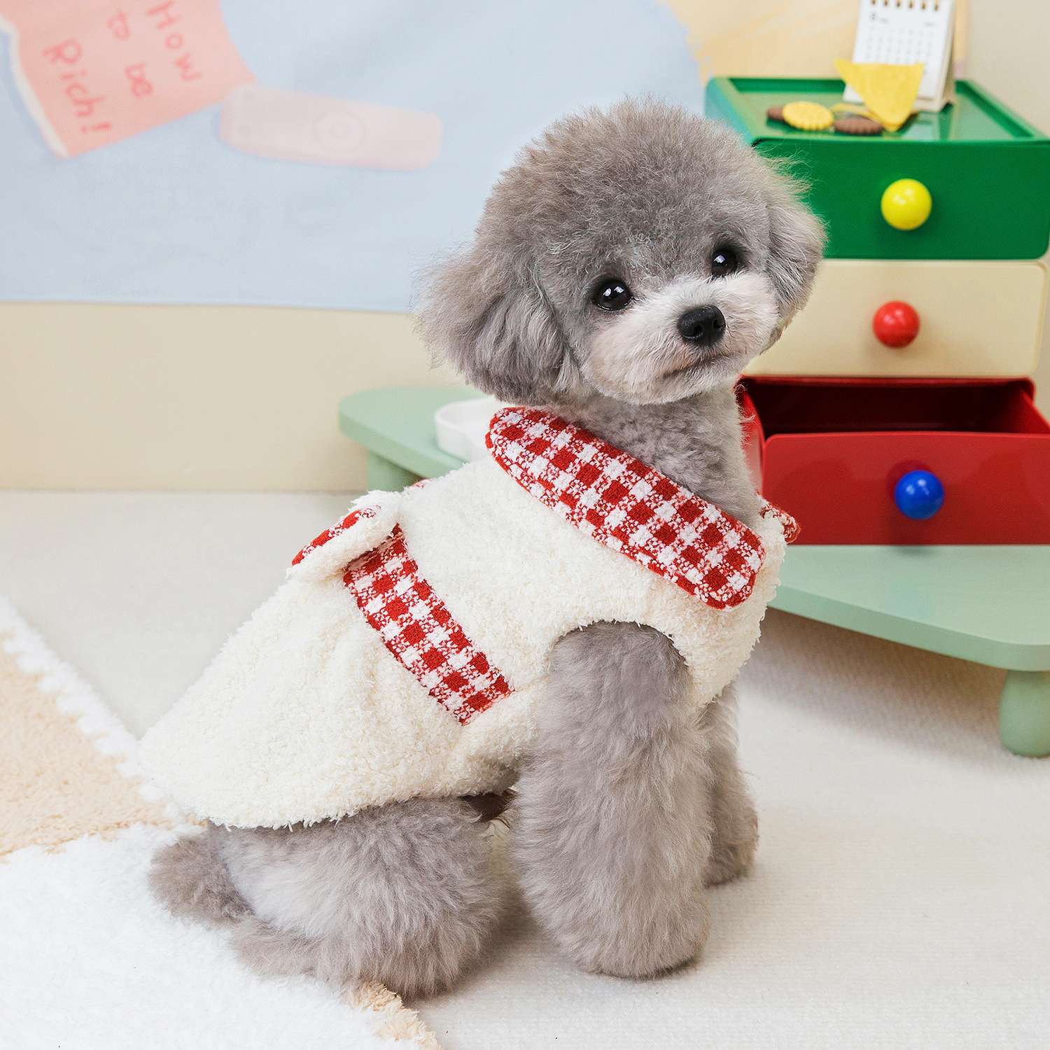 犬服 ふわもこチェック柄ベスト