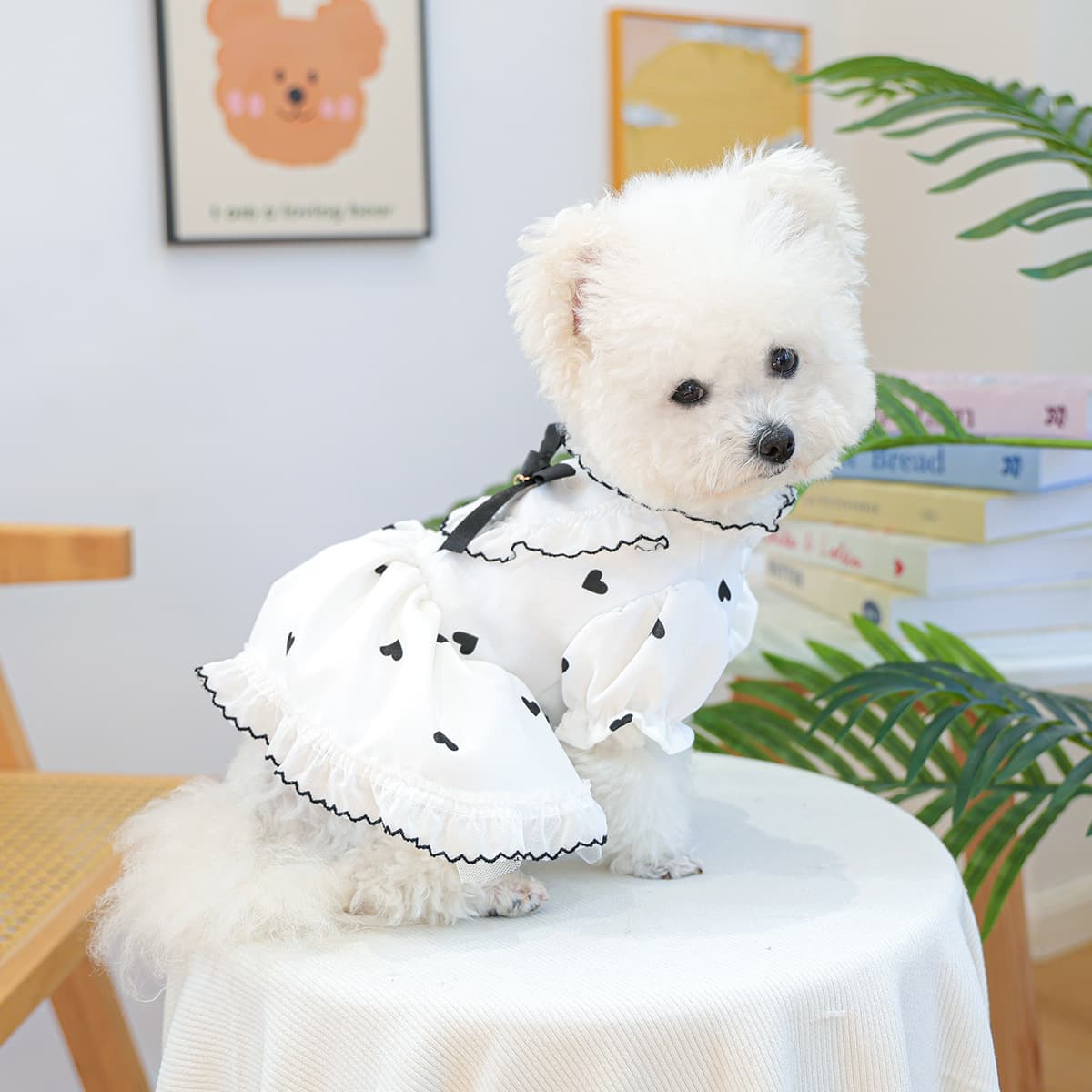 犬服 ハート柄リボン付きフリルレース姫様ワンピース