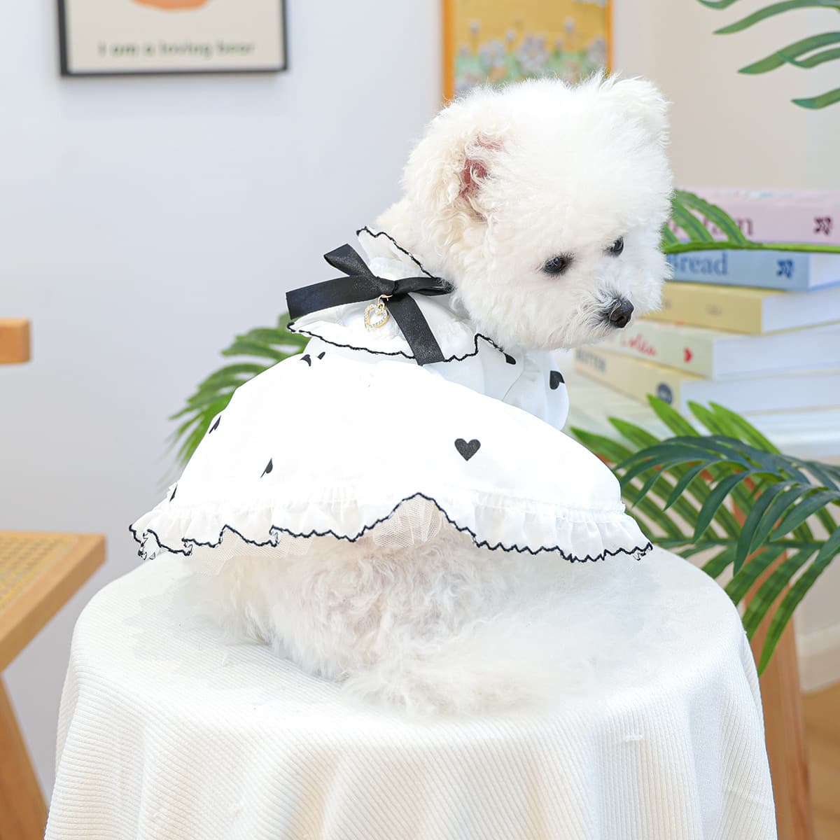 犬服 ハート柄リボン付きフリルレース姫様ワンピース