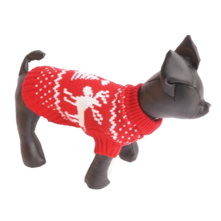 犬服 冬のトナカイと雪柄模様の温かニットセーター