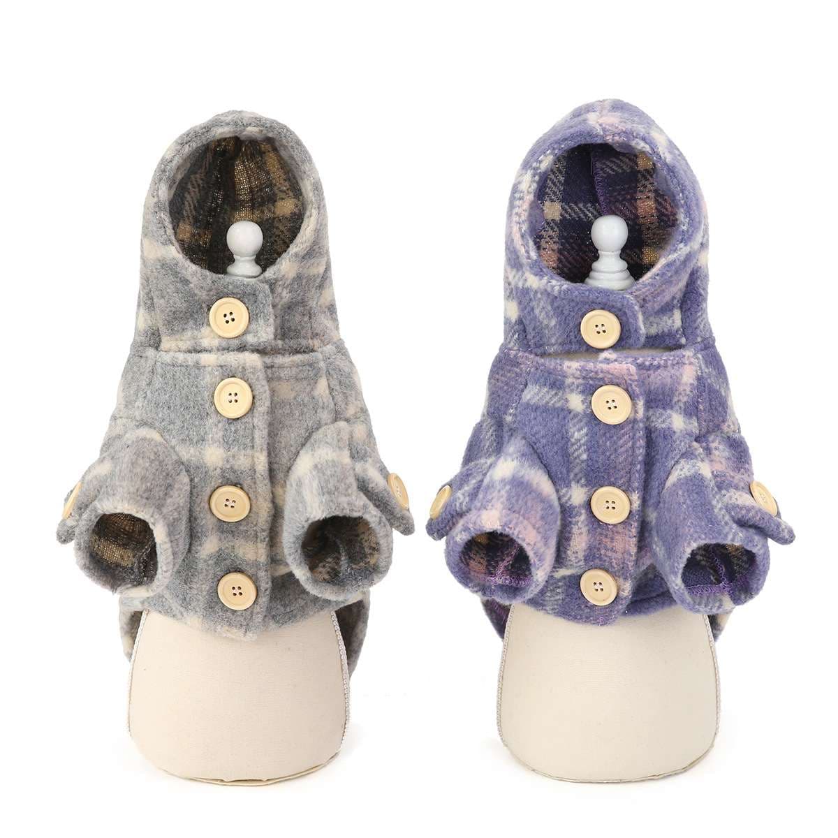 犬服 もこもこチェック柄フード付きベスト