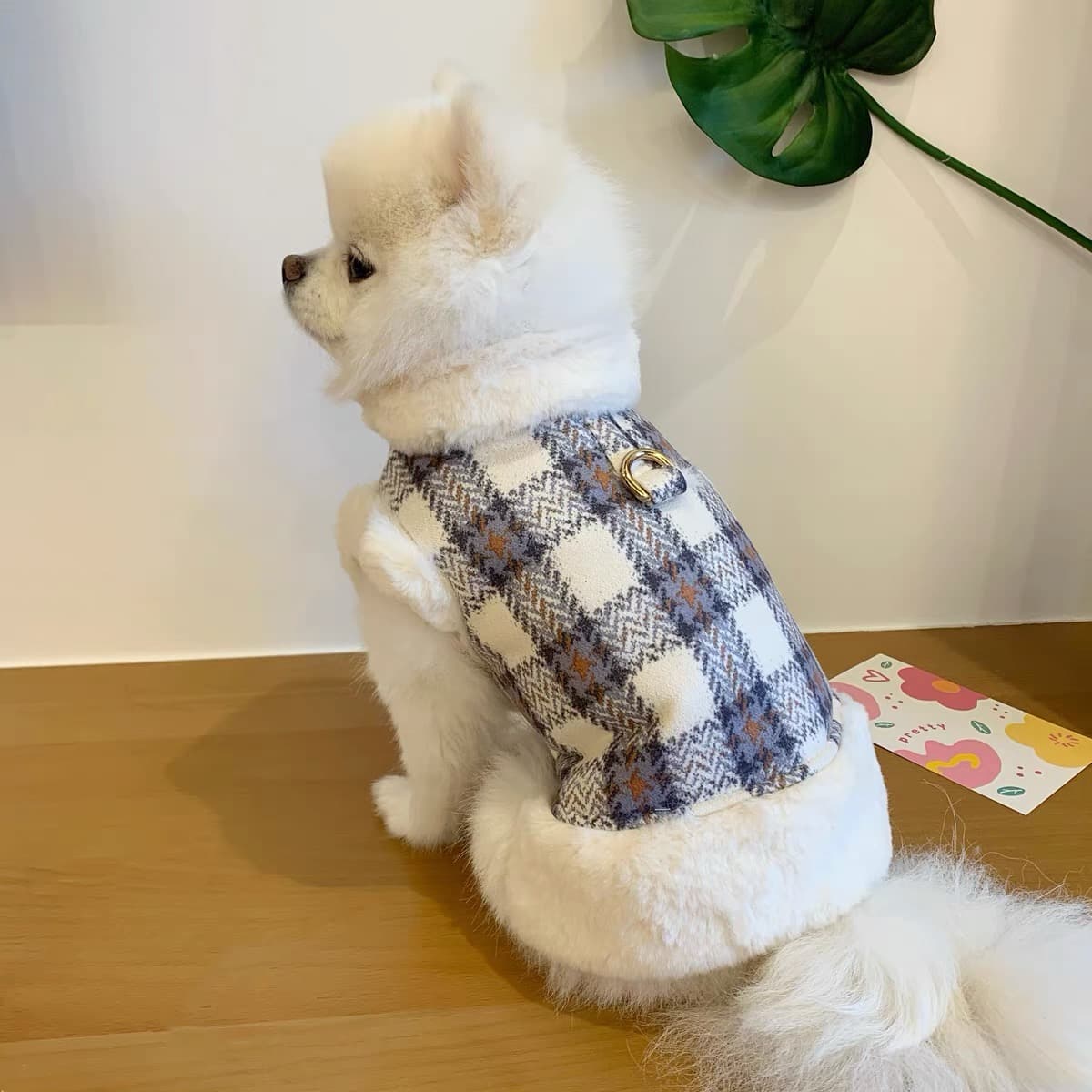犬服 ツイード調もこもこファー付き上品コート
