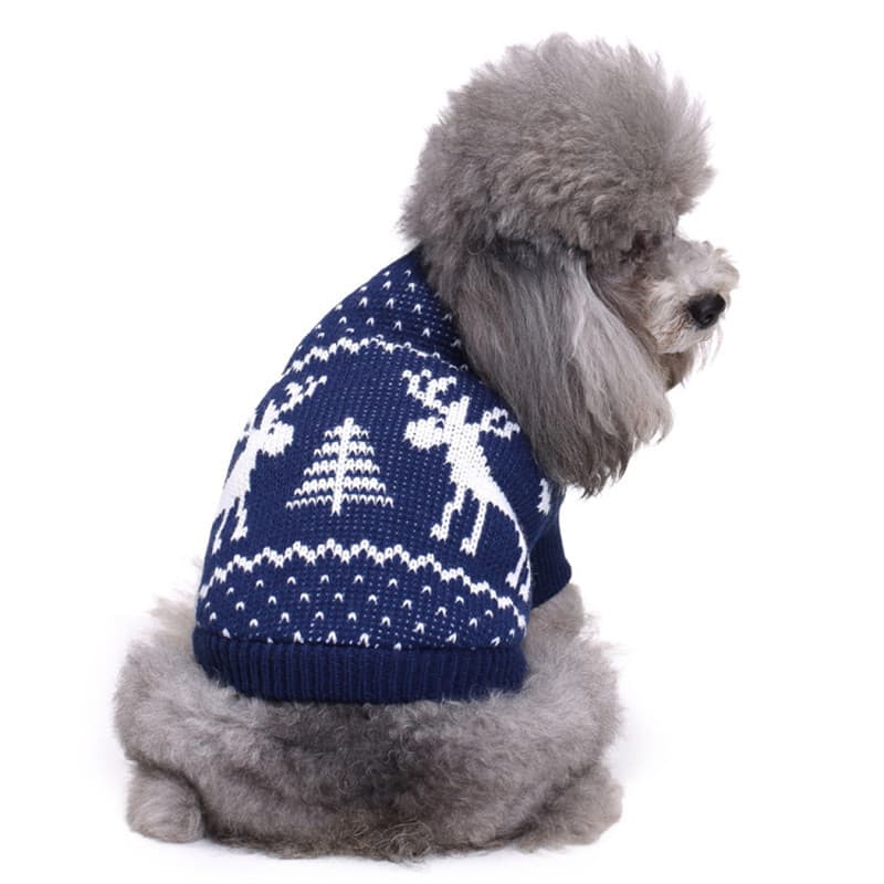 犬服 冬のトナカイと雪柄模様の温かニットセーター