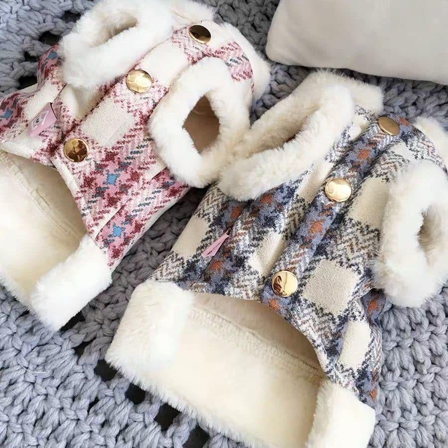 犬服 ツイード調もこもこファー付き上品コート