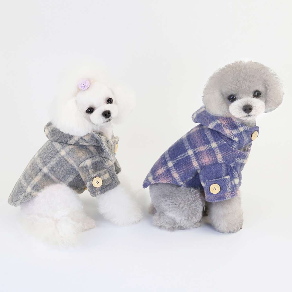 犬服 もこもこチェック柄フード付きベスト