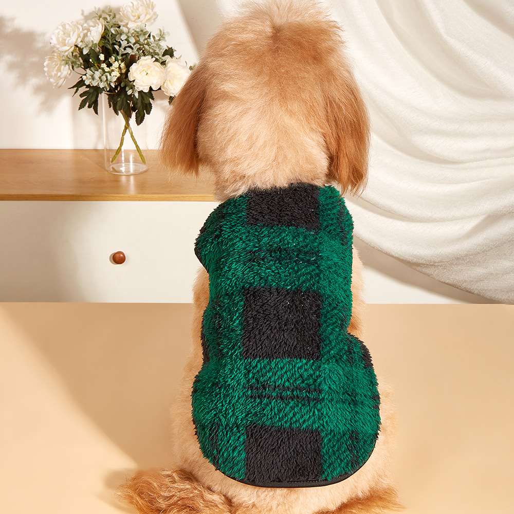犬服 もこもこチェック柄ベスト風犬用アウター
