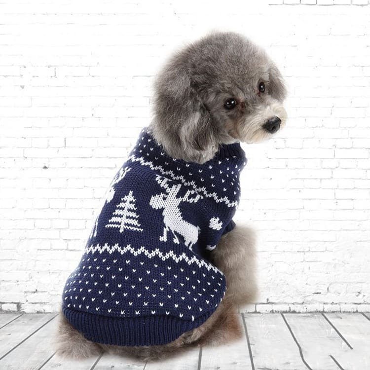 犬服 冬のトナカイと雪柄模様の温かニットセーター