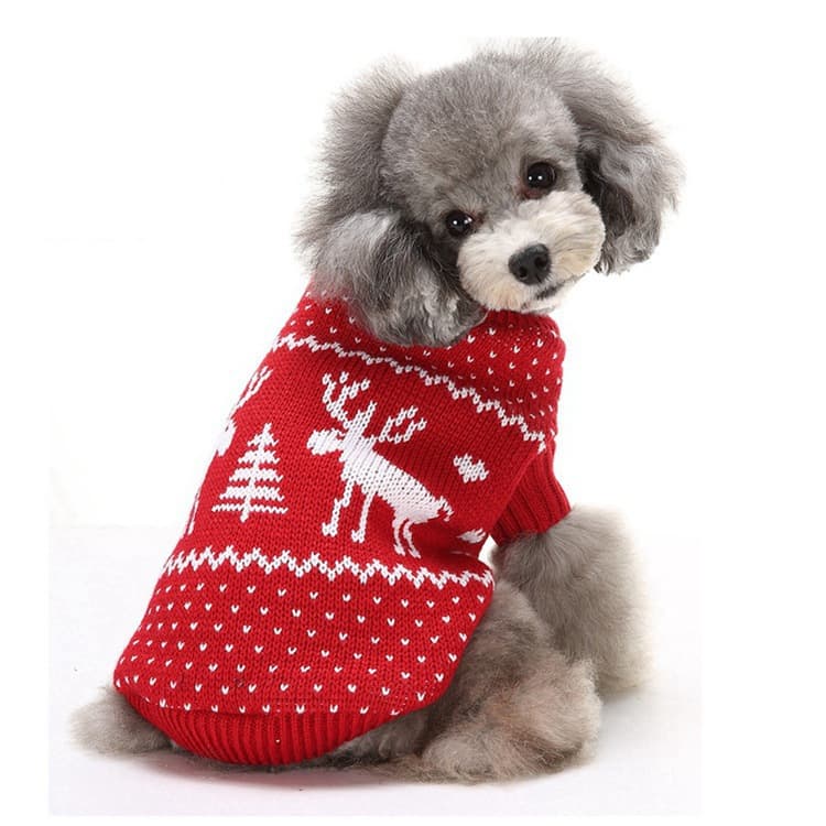 犬服 冬のトナカイと雪柄模様の温かニットセーター