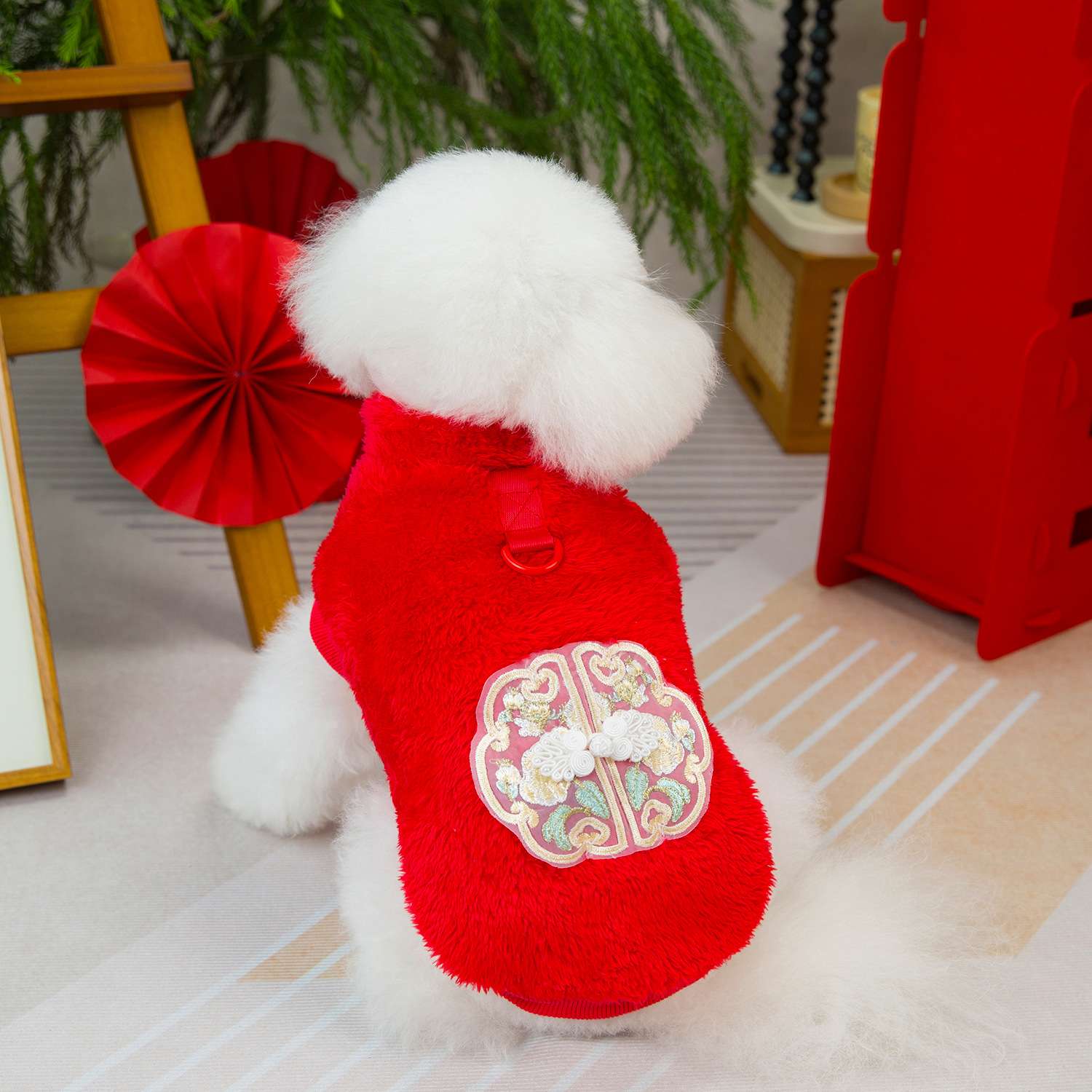 犬服 もこもこ冬服 チャイナ風刺繍入り犬用コート