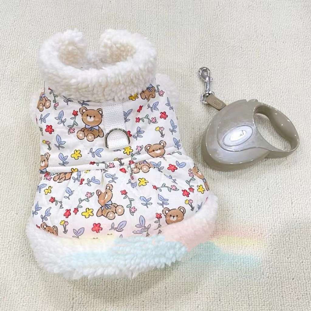 犬服 もこもこ襟つき小熊柄ワンピース