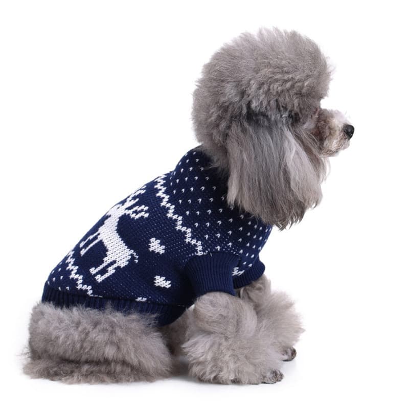 犬服 冬のトナカイと雪柄模様の温かニットセーター