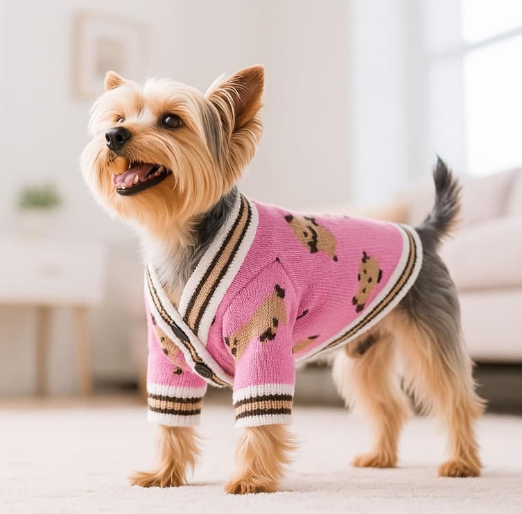 犬服 くまさん刺繍入りカーディガン風ボタン付きニット