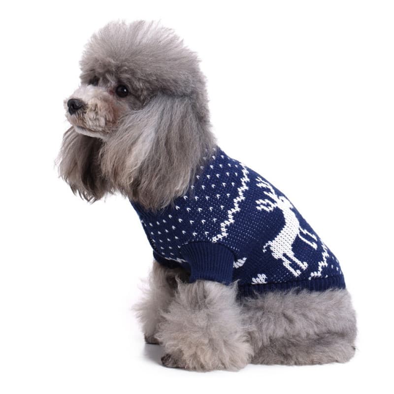 犬服 冬のトナカイと雪柄模様の温かニットセーター