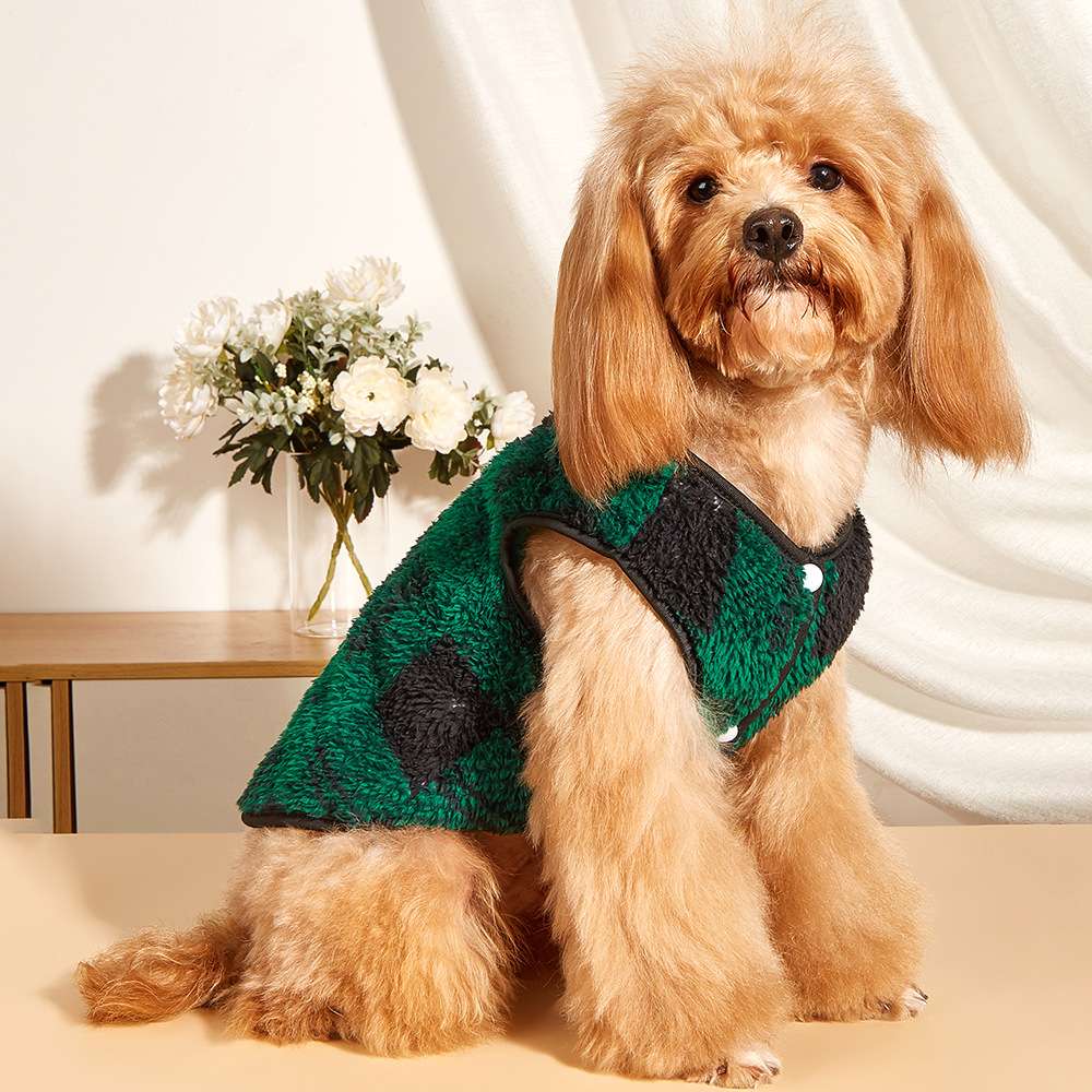 犬服 もこもこチェック柄ベスト風犬用アウター